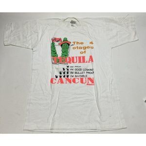The 4 Stages Of Tequila Cancun Drinking Party Vintage White T Shirt Mens Size M
